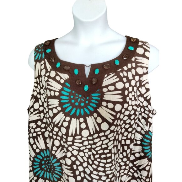 Jessica Howard Brown Turquoise Abstract Print Dress Beaded Neckline Size 22W - Picture 3 of 8